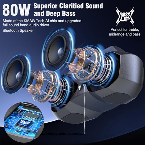 KMAG Portable Bluetooth Speaker - IPX7 Waterproof Wireless Speakers with 80W Loud HiFi Stereo Sound, 20H Playtime, Dynamic Light, Deep Bass, Dual Pairing, 5.3 BT for Outdoor, Gifts