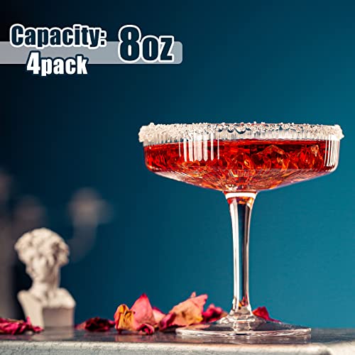 wookgreat Vintage Art Deco Coupe Glasses, Set of 4 Ribbed Coupe Cocktail Glasses, 8 oz Classic Martini Glasses, Elegant Hand Blown Manhattan Goblet for Bar, Martini, Cosmopolitan, Gimlet, Pisco Sour