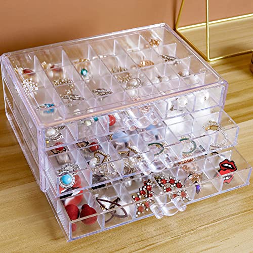 QIYUSHRY Caja de almacenamiento de aretes de acrílico para joyas, soporte de plástico transparente con 3 cajones, bandeja de 72 compartimentos pequeños para mujeres y niñas