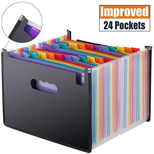 Accordion Folder 24 Pockets, Casaon A4 Expanding File Folders, High Capacity Multicolour Stand Portable Alphabetical File Organizer , Filing Folders for Business/Office/Study/ Paperwork/Tax