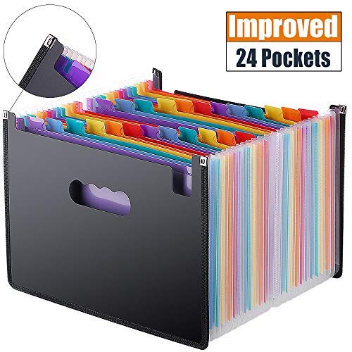 Accordion Folder 24 Pockets, Casaon A4 Expanding File Folders, High Capacity Multicolour Stand Portable Alphabetical File Organizer , Filing Folders for Business/Office/Study/ Paperwork/Tax