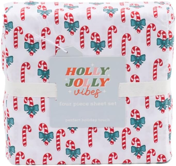 Christmas Winter Sheet Set (Candycane Bows, Queen)