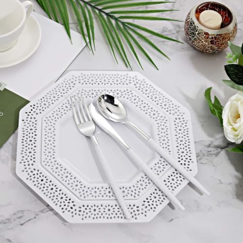 WELLIFE White Plastic Dessert Plates with Silver Forks, 7.5" Salad Plates for Weddings and Parties