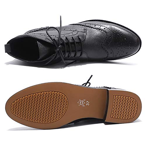 Mona flying Women's Comfort Leather Lace-up Oxfords Brogue Boots Ankle High Fashion Tie up Booties Low Heel Combat Boots4
