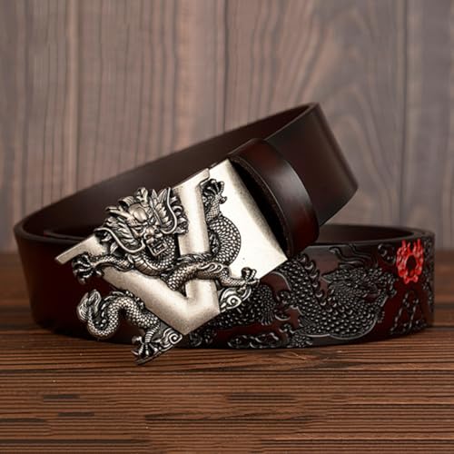 Ratchet Embossed Cowhide Belt with V-Dragon Slide Automatic Silver Buckle,Engraved Dragon Pattern Western Waist Strap4