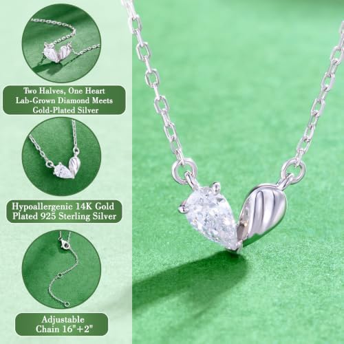 QuenPick Pear Shaped Lab Grown Diamond Necklace for Women, 0.17 CTTW D Color VS1 Teardrop Diamond Necklace, Two Halves One Heart Design, White Gold Plated 925 Sterling Silver, Adjustable 16"+2" Chain — view 5