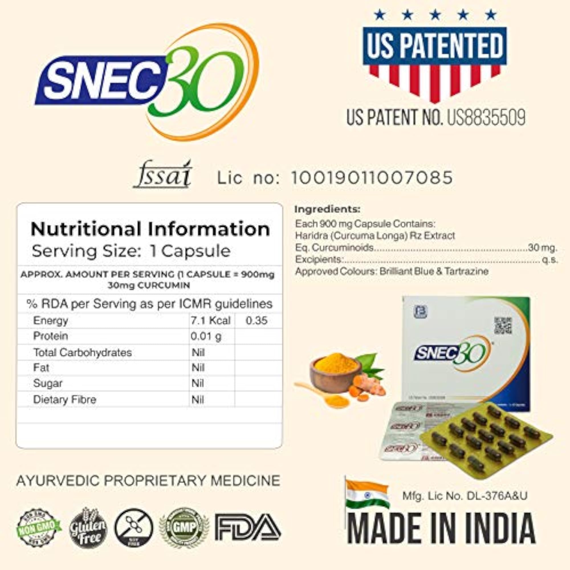 SNEC30 Liquid Ayurvedic Curcumin Capsules, 900mg, 60 Pack