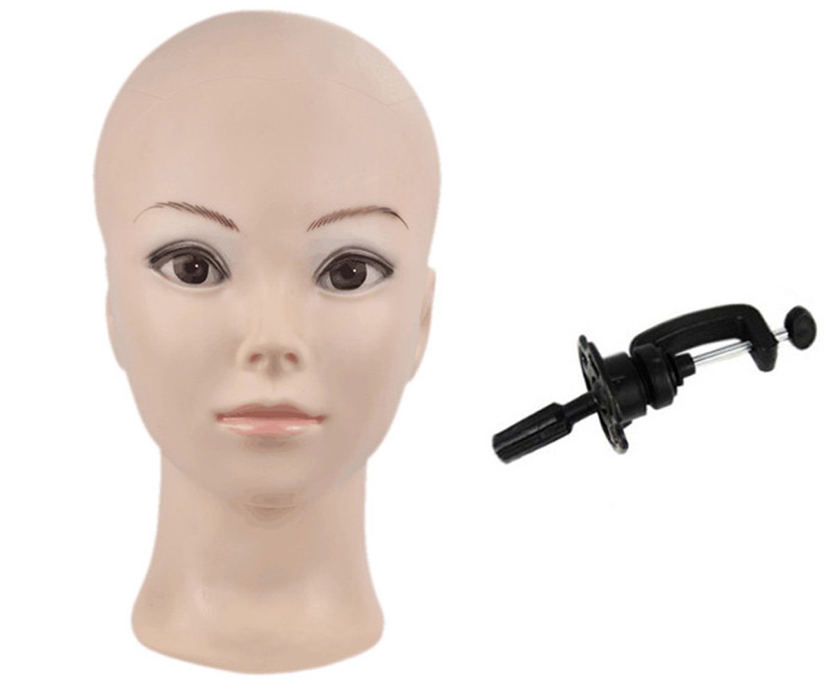Bald Female Training Head Cometology Mannequin Head for Wig Making and Dispay with Free Table Clamp