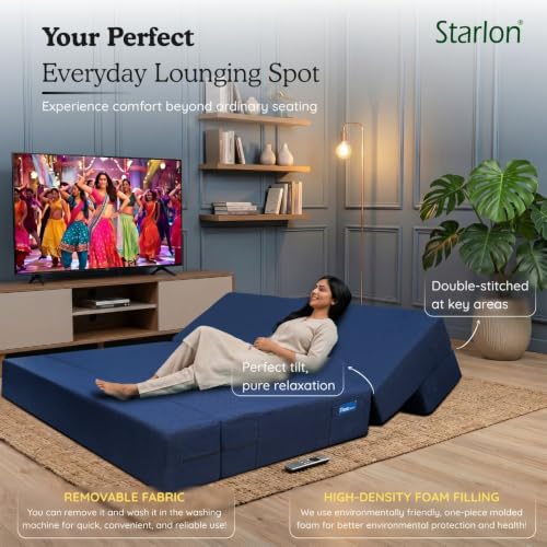 Image of Starlon 3 Seater Foldable Sofa Cum Bed 3-in-1 with 2 Floral Pattern Pillows, Washable Jute Fabric Cover, Space Saving Guest Bed, Royal Navy Blue 6x6.5 Ft