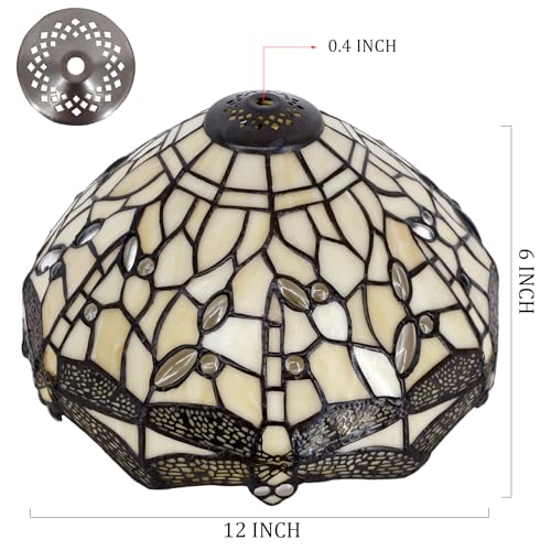 Image of 12Inch Tiffany Stained Glass LampShade Replacement Only (Cream Dragonfly) | Stained Glass Style Lampshade with Cap fit for Table lamp Pendant Light Ceiling Fixture