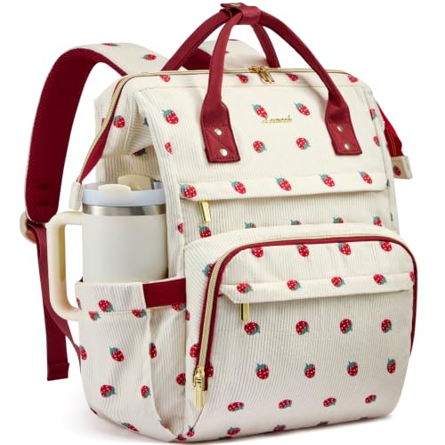 Image of LOVEVOOK Laptop Backpack for Women Men Giant Tumbler Holder,15.6 inch Waterproof Computer Laptop Bag TSA Approved Travel Backpack,Work College Nurse Teacher Backpack Gifts Purse,Large Strawberry Print
