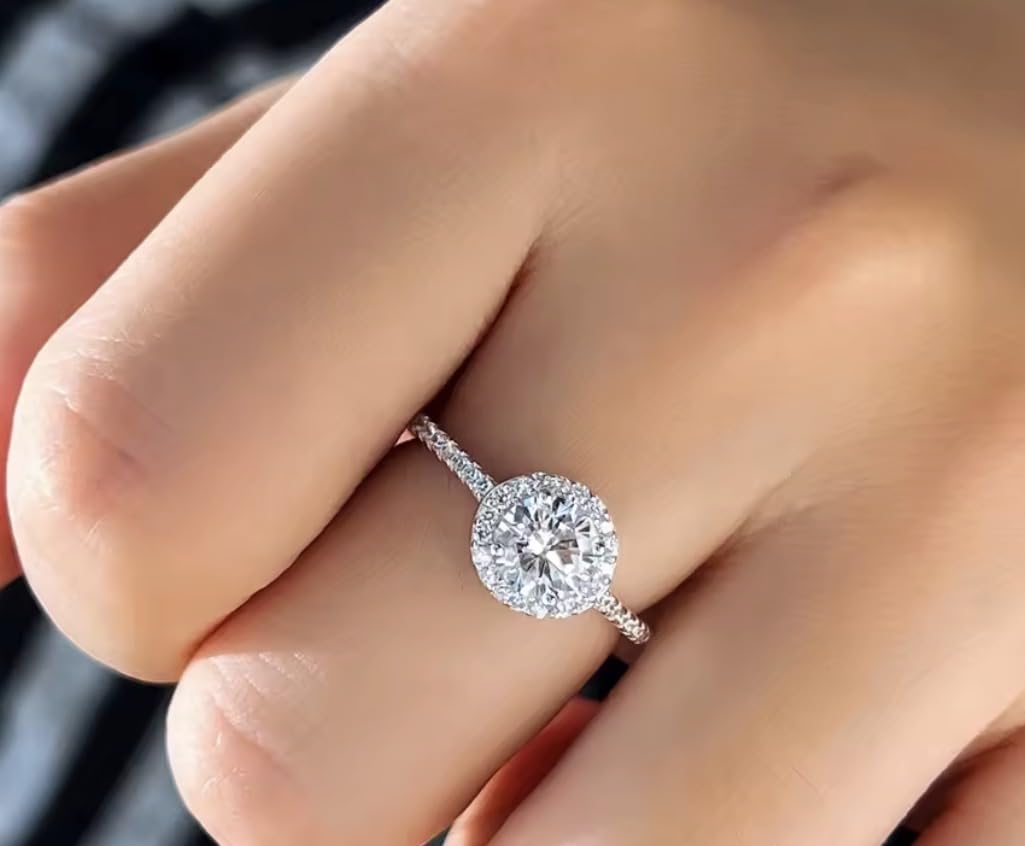 Anello di fidanzamento con halo rotondo, in acciaio inox placcato in platino, strass, regolabile, design elegante