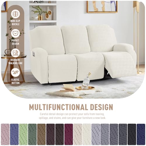 Image of KinCam Recliner Covers, Stretch Reclining Chair Covers, Recliner Sofa Slipcovers Stripe Jacquard Recliner Couch Covers Furniture Protector Covers for Pet Kid (3 Seater, Cream)