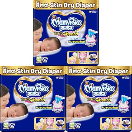 Image of MamyPoko Pants Extra Absorb Baby Diapers, New Born /X-Small | 0-5 kg | 99 Count |Deep Sleep Diapers| Soft Gentle fit |Deep Absorbent Crisscross | Skin Friendly with Coconut Oil | (Pack of 3)