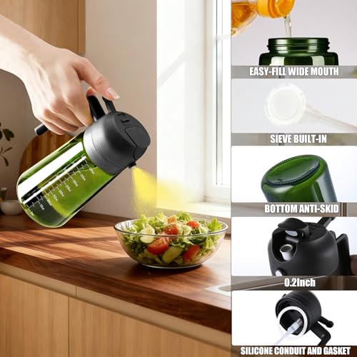 Image of Olive Oil Sprayer & Dispenser for Cooking, 16oz Dark Glass Oil Mister, 2PC | 2-in-1 Oil Sprayer & Pourer, Fine mist, Light-Blocking, Wide Mouth, Easy Refill & Clean, 8 Oil Labels, Reusable, with Scale