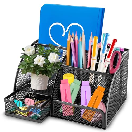 VKFOFEG Schreibtisch Organizer, Mesh & Metall, Büroorganizer mit 6 Stifthaltern und 1 Schublade, Platzsparendes Desk Organizer, Stifte Organizer, Stiftehalter Schreibtisch für Büro Zuhause Schule
