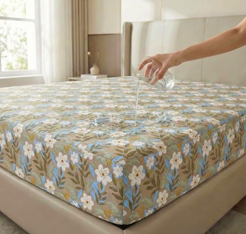 Image of VAS Collections Waterproof Fitted Bedsheet King Size (78x72+8 inches) with 2 Pillow Covers | Noiseless, Leakproof, All-Round Elastic (Blue, White & Light Brown, Fitted Bedsheet (78 X72 inch))