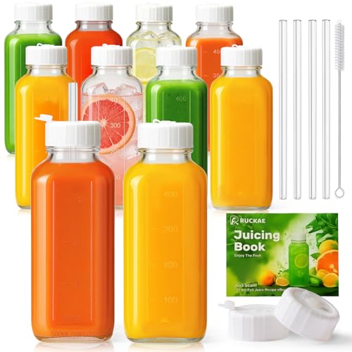 Image of Ruckae 16oz 10 Pack Glass Juice Bottles with Hole Lids - Reusable Square Glass Juice Bottles with Leak-Proof Lid & Capacity Marks for Containers Juicing,Milk,Smoothies
