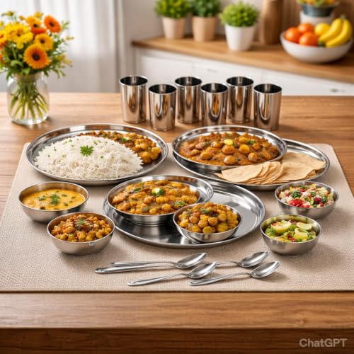 Image of Stainless Steel Solid Heavy Mirror Finish Dinner Set of 24 Pcs (6 Plate, 6 Bowl /Wati, 6 Glass, 6 Spoon), Silver Dinning Set Quality
