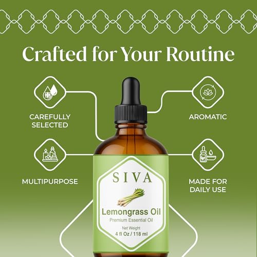 Image of Siva Lemongrass Essential Oil 4 Fl Oz - for Diffuser, Skin & Hair Care - Ideal for Massage & DIY Blends- with Dropper