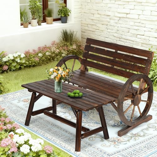 Image of 2-Piece Wooden Wagon Wheel Bench Set with Coffee Table, 2-Person Rustic Wood Garden Bench W /Wagon Wheel Armrests & Slatted Backrest, Outdoor Patio Loveseat Furniture Set for Lawn Yard Park