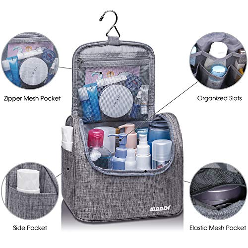 WANDF Hanging Toiletry Bag Travel Cosmetic Organizer Shower Bathroom Bag for Men Women Water-resistant (M-Denim Grey)