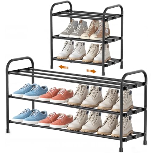INSMART 3-Tier Expandable Shoe Rack, Stackable and Adjustable Shoes Organizer Storage Shelf, Sturdy and Durable Metal Structure Free Standing Shoe Rack for Closet Entryway Doorway
