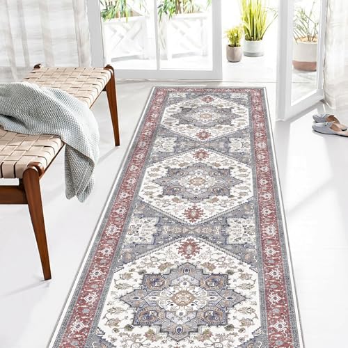 OPPODREAM Soft Entryway Rug 2x8, 2x8 Rug Runner, Washable Hallways Carpet 2 x 8 with Non Slip Backing, Low-Pile Bedside Carpet 2 x 8, Long, Faux Cashmere, Red & Grey