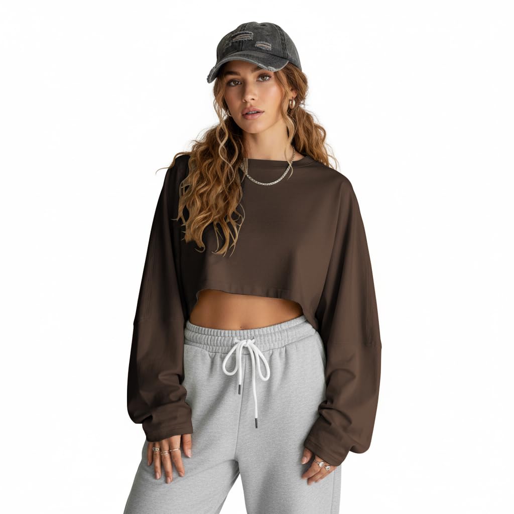 Long Sleeve Cropped top, Fitness Sports Base Shirt, Women's Cropped Sweatshirt Brown