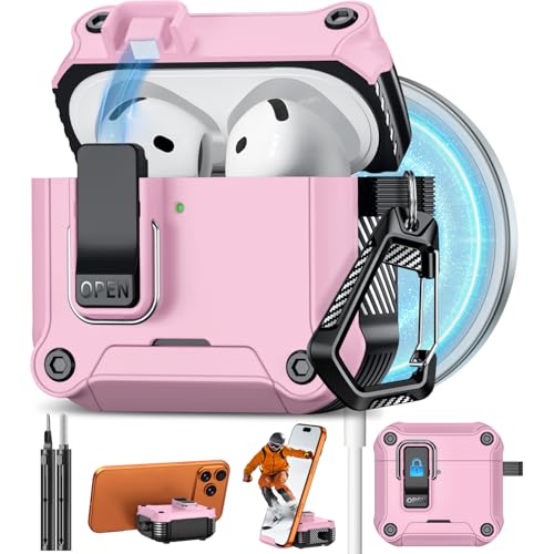 Image of Pohgelan for AirPods 4 Case with Safety Lock-Pink | Magnetic Automatic Lock with Cleaning Kit&Keychain,Compatible with Magsafe
