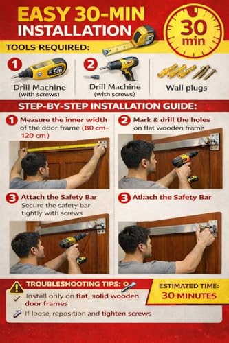 Image of Heavy Duty Door Security Bar Adjustable 80-120 cm | Stainless Steel Safety Lock for Main Door | Additional Lock to Door| Drill /Hammer Fixed |Extra Door Protection