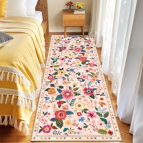 Floral 2x6 Area Rug Machine Washable Soft Print Boho Carpet Non Slip Doormat Low Pile Flower Area Rugs for Living Room Bedroom Nursery Kitchen Dining Room Indoor-Pink