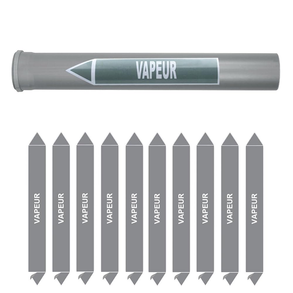 Planche de 10 marqueurs de tuyauterie VAPEUR (Ø DM 32 à 60) pour fluide VAPEUR / 200 x 26mm