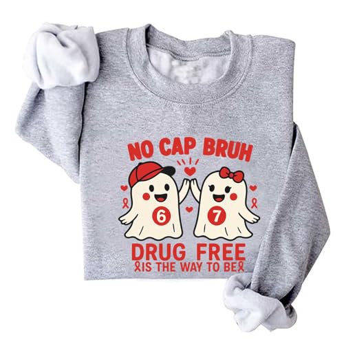 Image of TONGCHEN No Cap Bruh Drug Free Awareness Sweatshirt for Women Cute Ghost 67 Six Seven Sweatshirts (US, Alpha, Medium, Regular, Regular, Grey)