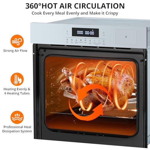 24" Single Wall Ovens,Electric Convection Wall Oven with 2.5 Cu.ft.,Built-in Electric Wall Oven with 8 Cooking Functions & 360° ROTISSERIE,Touch Control,Safety Lock,Timer,3000W 240V
