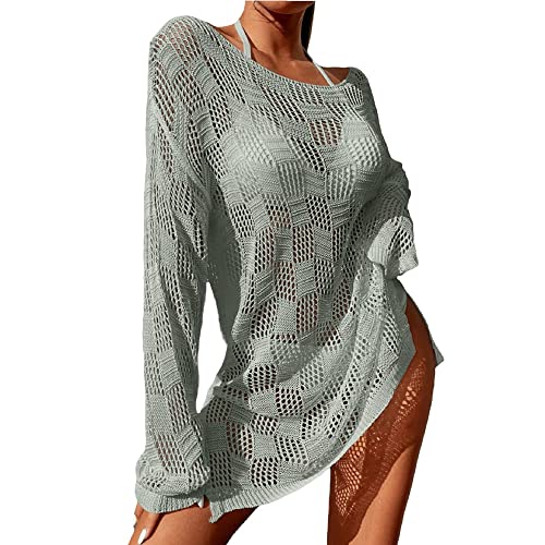 Vestido camisero de manga larga con ganchillo blanco para mujer, holgado y hueco para traje de baño, gris, XL Cover