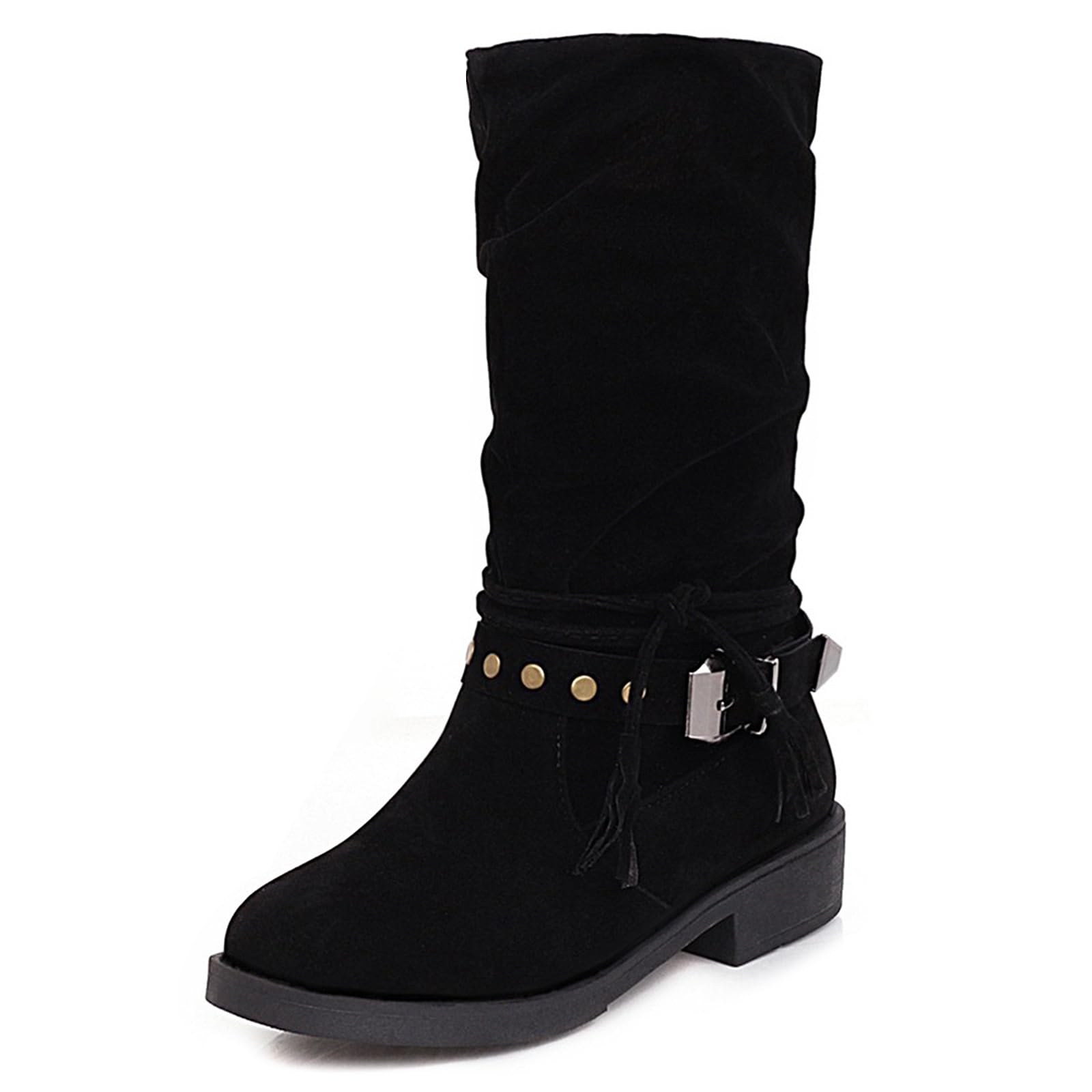 Womens Suede Slouchy Mid Calf Boots Round Toe Side Zipper Comfort Flat Low Heel Dress Boots with Buckle