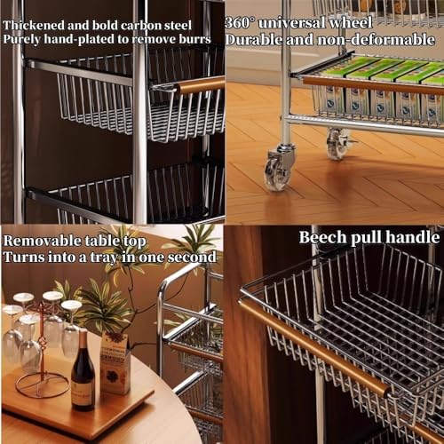 Carrito de barra de metal móvil con cestas de alambre, carrito de almacenamiento para cocina, despensa, cafetería, baño, oficina