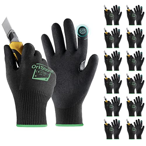 toolant Level 6 Cut Resistant Work Gloves, 12 Pairs, Touchscreen, Sandy Nitrile Coated Firm Grip, for Warehouse, Carving, Gardening, Construction, Fishing (Medium)