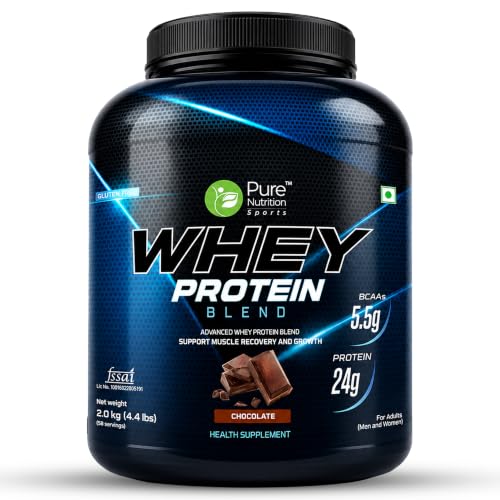 Image of Pure Nutrition Whey Protein Powder for Men & Adults, Chocolate Flavour, Advanced Whey Protein Blend, 24g Protein & 5.5g BCAAs per Serving, Supports Muscle Recovery & Growth, 2kg (58 Servings)