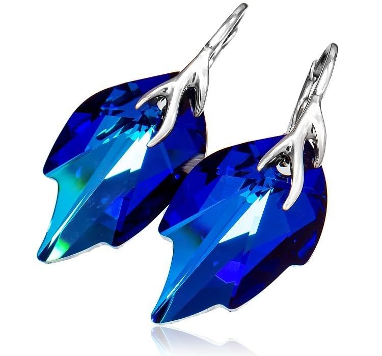 Boucles d'oreilles argent 925 cristal bleu bermude feuille ARANDE