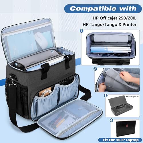 Image of CURMIO Portable Printer Carrying Case Compatible with HP Tango /Tango X, OfficeJet 200 /250, Wireless Mobile Printer Bag with 15.6 inch Laptop Sleeve and Accessory Pockets for Power Cable and Cartridges