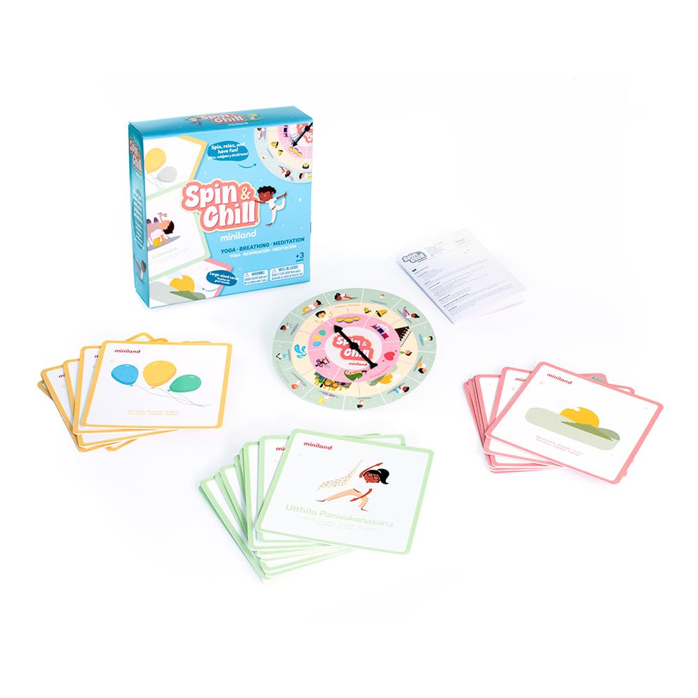 Miniland - Spin & Chill, Yoga and Mindfulness Game with Spinner and Cards | Educational Board Game for Children 2+