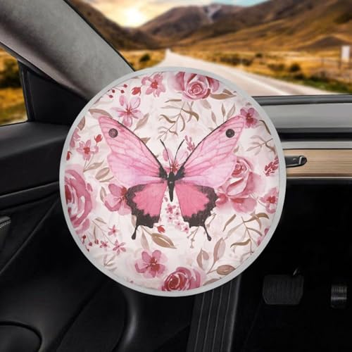 Image of Pink Butterfly Steering Wheel Cover Protector Personalized Steering Wheel Shield Reflect UV Sun and Heat Car Interior Accessories for Sun Heat Universal for Cars Truck SUV Van