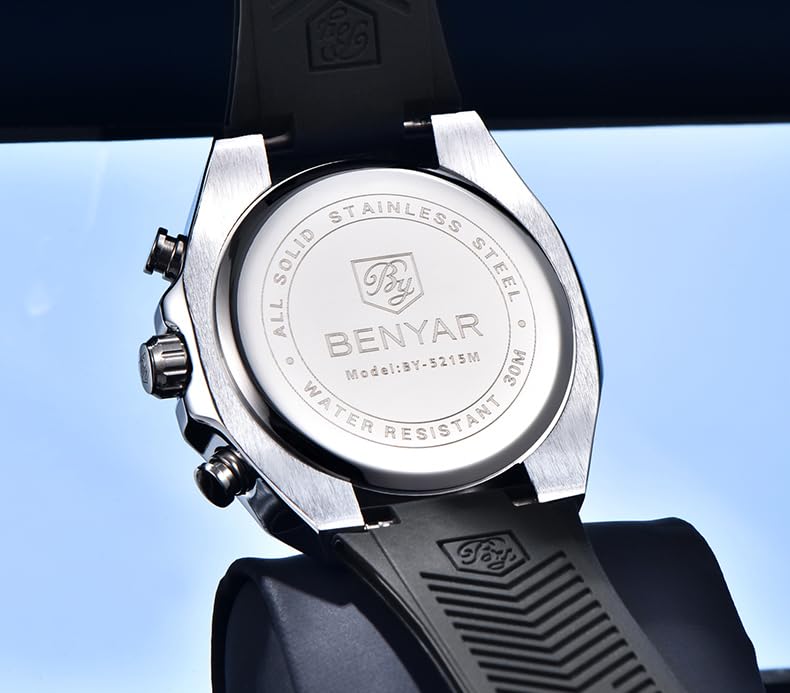 Image of BENYAR Men's Chronograph Sport Watch - Stainless Steel Case with Black Silicone Band, Tachymeter Bezel, Waterproof Quartz Wrist Watch