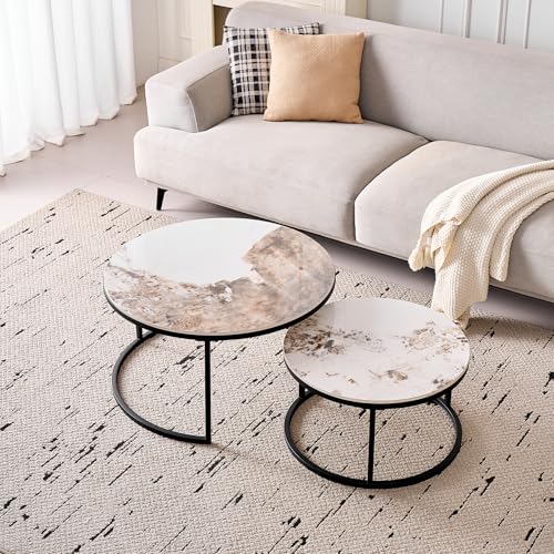 BenyLed Lot de 2 Tables Basses Gigognes avec Plateau en Céramique Pierre, Table Basse Ronde, Convient pour Salon, Chambre, Bureau et Balcon (Pandora/Noir), 80 * 80 *...