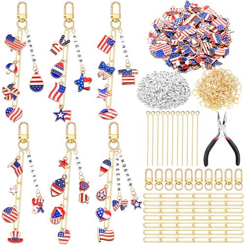 CraftyDream 558 Pcs American Flag Charm Keychains Making Kit Patriotic Charms USA Country Flag Charm Jewelry Making 250 Anniversary 1776-2026 Commemorative Gift 4th of July Party Favor for DIY Crafts