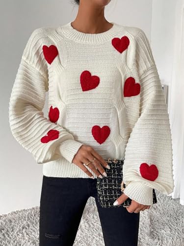 Verdusa Women's Heart Print Drop Shoulder Crew Neck Long Sleeve Graphic Print Sweater Knit Tops3