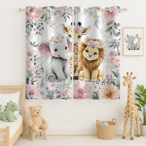 Animals Curtain, Watercolor Pink Floral Flowers Cartoon Cute Elephant Giraffe Lion, Grommet Curtains for Family Room or Reading Nook, Set of 2 Panels, 63 x 63 Inch, Thermal Insulated Darkening Drapes