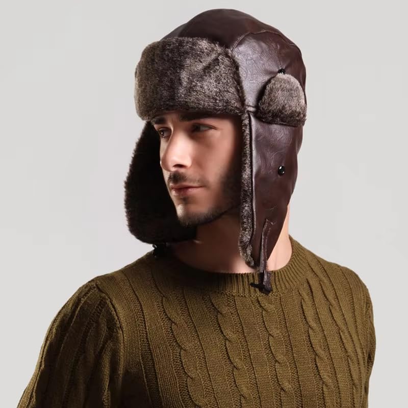 Sombrero Hombre Gorro De Aviador con Orejeras para Hombre, De Piel Sintética, De Invierno, con Orejeras Rusas.